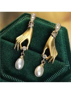 ANTHROPOLOGIE Golden Hand of God High Gloss crystal pearl earrings